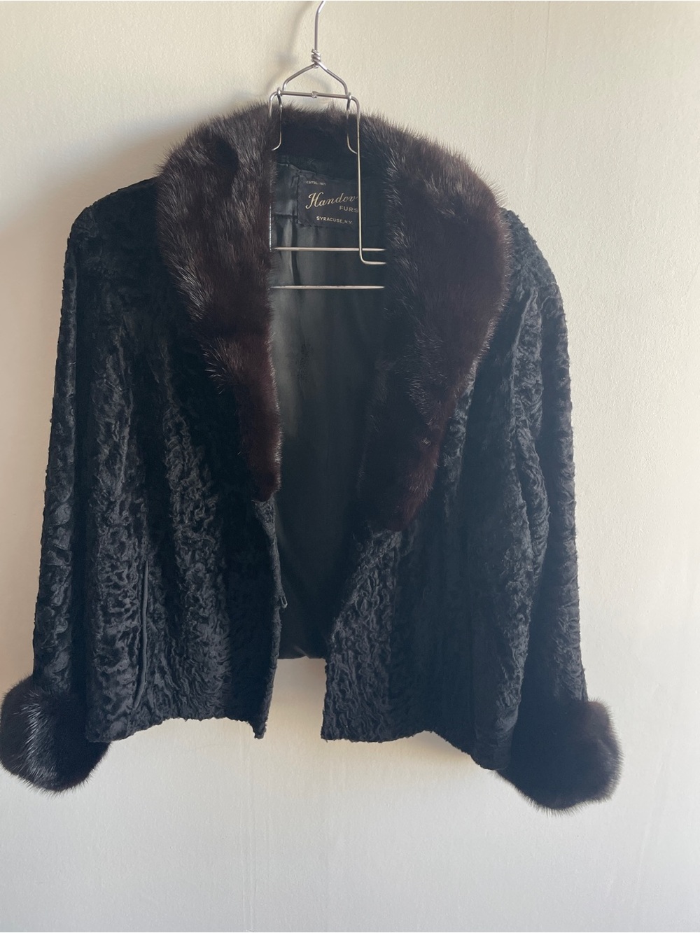 Black real fur Jacket with Dark Brown Fur Trim